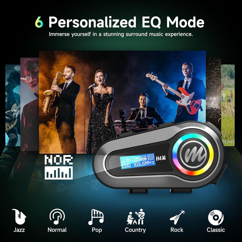 MOMAN Motorcycle Helmet Headset, H4M with 【LCD Screen & 6 EQ Sound】 Motorbike Helmet Speaker Single Person Use BT5.3 Headphone with HiFi Stereo FM Radio AI Voice Assitant IPX6 Waterproof - Image 5